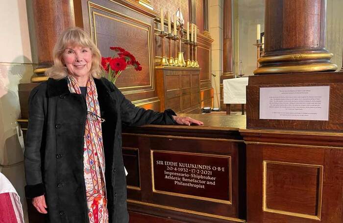 Susan Hampshire Kulukundis with her husband, Eddie Kulukundis' plaque at Actors Church, Covent Garden