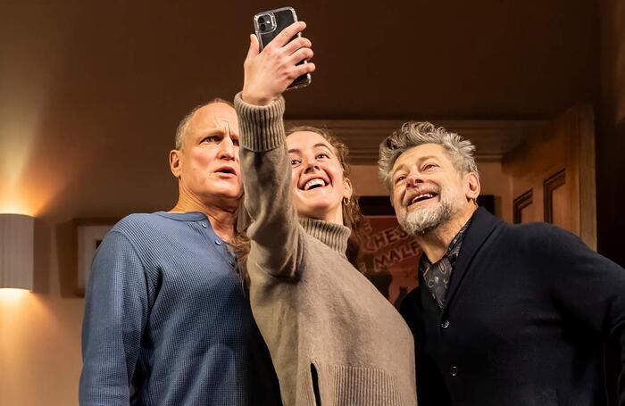 Woody Harrelson, Louisa Harland and Andy Serkis in Ulster American at Riverside Studios, London. Photo: Johan Persson