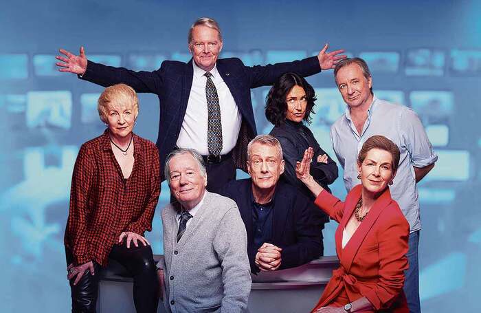The cast of Drop the Dead Donkey: The Reawakening!: (from left) Ingrid Lacey, Jeff Rawle, Robert Duncan, Stephen Tompkinson, Susannah Doyle, Neil Pearson and Victoria Wicks.