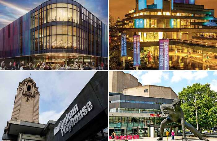 ACE organisations including (clockwise from top left) HOME Manchester, London's National Theatre, Nottingham Playhouse and Theatre Royal Plymouth have collectively reduced their energy-related greenhouse gas emissions. Photos: Shutterstock