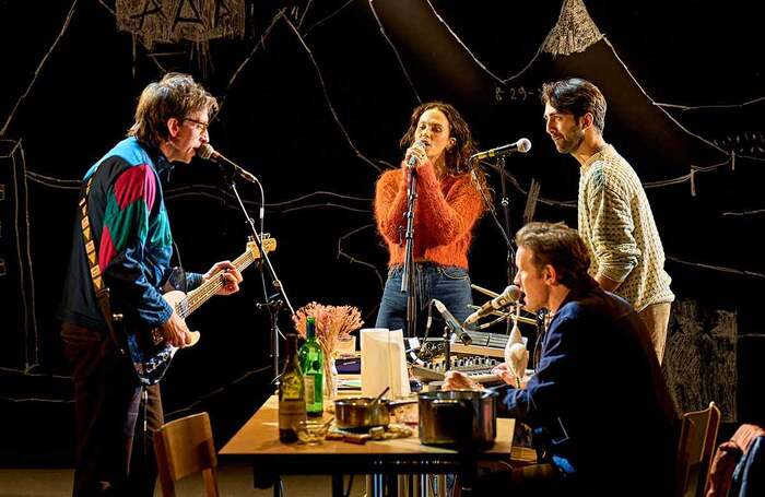 Zachary Hart, Jessica Brown Findlay, Matt Smith and Shubham Saraf in An Enemy of the People at the Duke of York's Theatre, London. Photo: Manuel Harlan