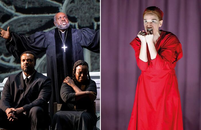 Kenneth Kellogg, Ronald Samm and Nadine Benjamin in Blue at London Coliseum and Kate Lindsey in The Handmaid's Tale at London Coliseum. Photos: Tristram Kenton