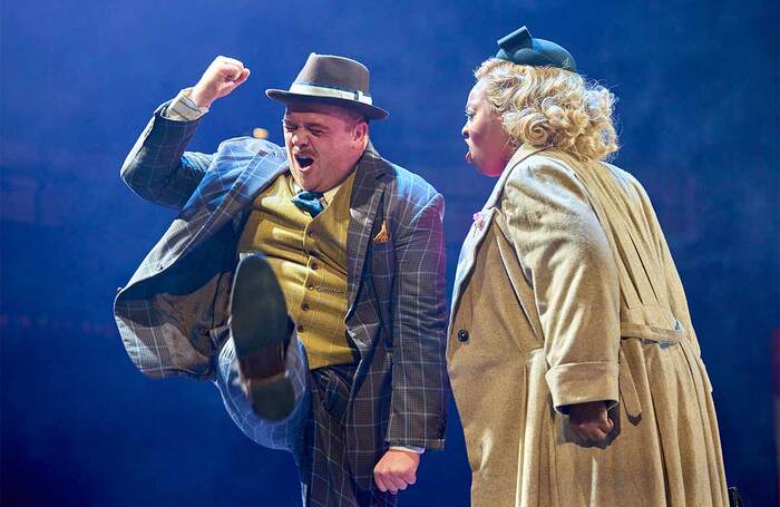 Owain Arthur and Timmika Ramsay in Guys and Dolls at the Bridge Theatre, London. Photo: Manuel Harlan