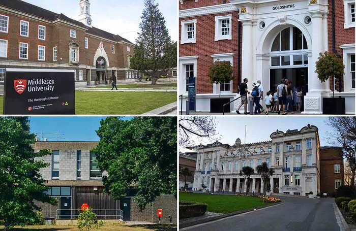 Clockwise from top left: Middlesex University; Goldsmiths, University of London; Queen Mary University of London; and University of Kent in Canterbury and Medway. Photo: Shutterstock