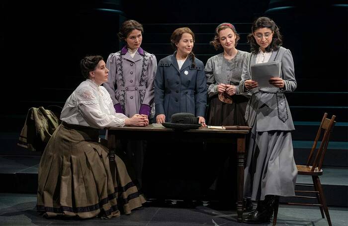 Ally Bonino, Phillipa Soo, Shaina Taub, Hannah Cruz and Nadia Dandashi in Suffs at the Public Theater, New York. Photo: Joan Marcus