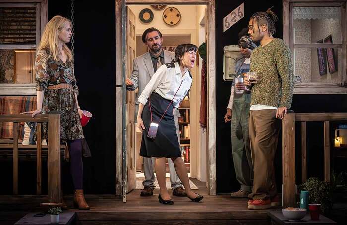 Yolanda Kettle, Ferdinand Kingsley, Katie Leung, Tamara Lawrance and Anthony Welsh in The Comeuppance at the Almeida Theatre, London. Photo: Marc Brenner