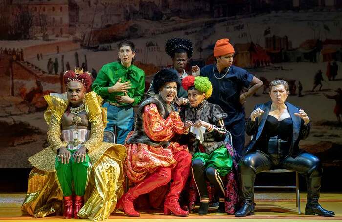 Jo Lampert, TL Thompson, Rad Pereira, Nathan Lee Graham, Taylor Mac, Janice Amaya and Lisa Kron in Orlando at Signature Theatre, New York City. Photo: Joan Marcus