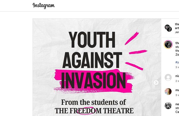 Freedom Theatre's Instagram, where it published the open letter voicing thanks for student activism calling for a ceasefire. Photo: Freedom Theatre Instagram