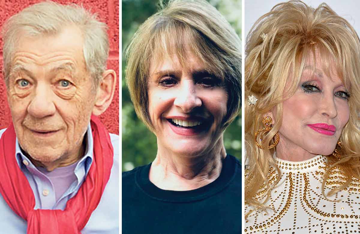 Ian McKellen, Patti LuPone and Dolly Parton. Photos: Mark Douet/Shutterstock