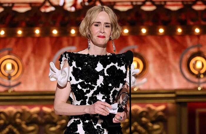 Sarah Paulson accepts the best leading actress in a play award for Appropriate on stage during The 77th Annual Tony Awards. Photo: Getty