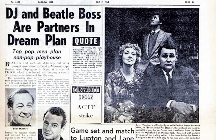 Clipping from the front page of The Stage, July 2, 1964