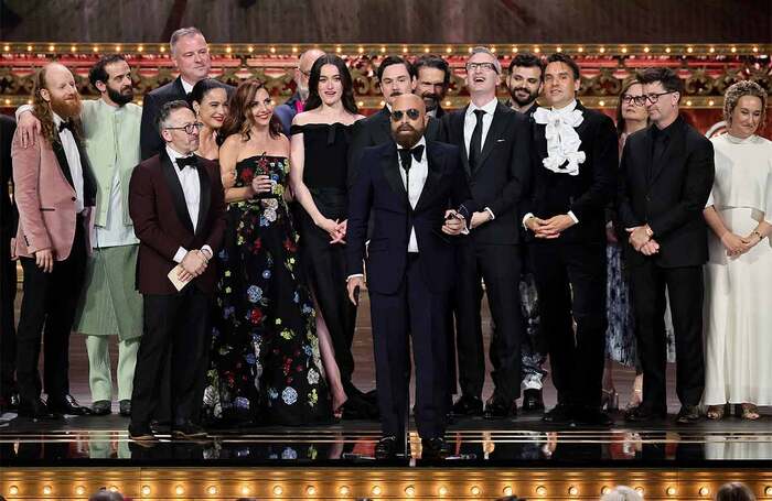 The creatives, cast and crew accept the best play award for Stereophonic on stage during The 77th Annual Tony Awards. Photo: Getty