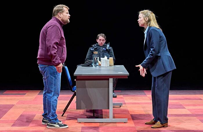 James Corden, Zachary Hart and Anna Maxwell Martin in The Constituent at The Old Vic, London. Picture: Manuel Harlan