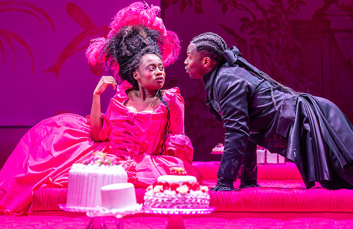 Tara Tijani and Stefan Adegbola in The School for Scandal at the Royal Shakespeare Theatre, Stratford-upon-Avon. Photo: Marc Brenner