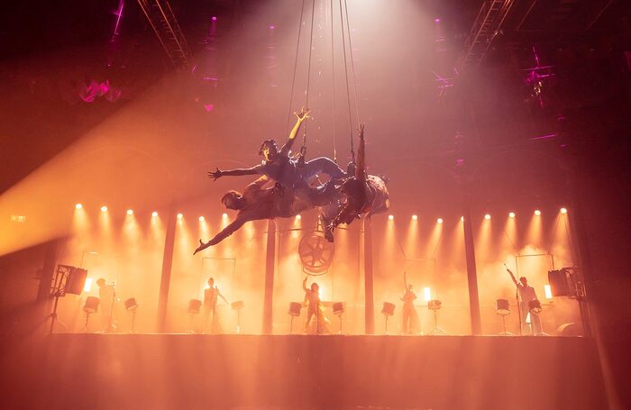 The company of Fuerza Bruta: AVEN at the Roundhouse, London. Photo: Johan Persson