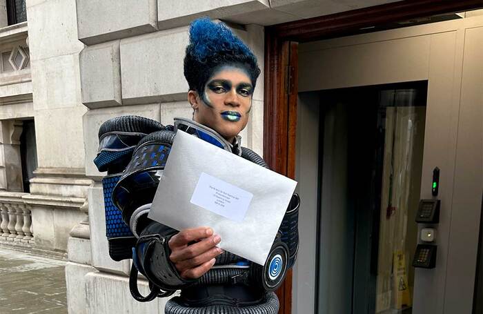 Harrison Peterkin, who plays Lumber in the revival of Andrew Lloyd Webber's musical, delivered the letter on roller skates in full costume