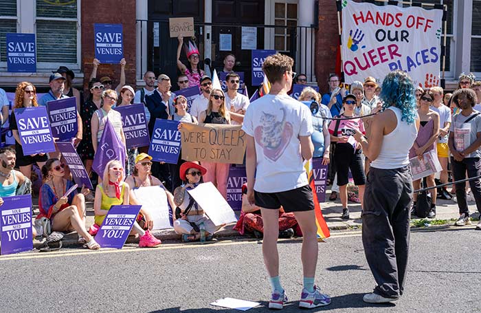 Protesters outside Bethnal Green Working Men's Club. Photo: Equity/Jack Witek