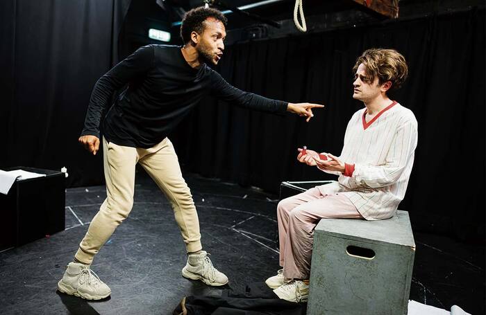 Paul Adeyefa and Luke Rollason rehearse for Bellringers, which will be staged at this year’s Edinburgh Festival Fringe and then at Hampstead Theatre Downstairs. Photo: Alex Brenner