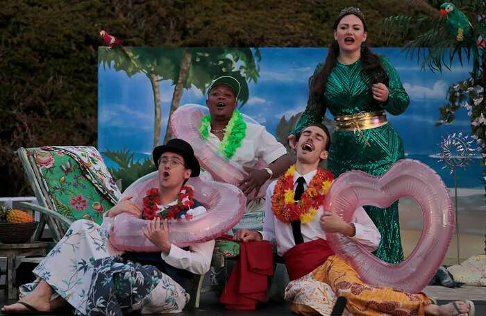 Magnus Walker, Monwabisi Lindi, Jonathan Eyers and Inna Husieva in Alcina's Island at Deanery Gardens, Bampton, Oxfordshire. Photo: Anthony Hall