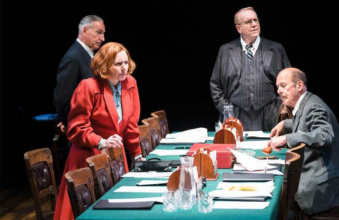 Miles Richardson, Clare Burt, Clive Wood and Andrew Woodall in The Promise at the Minerva Theatre, Chichester Festival Theatre. Photo: Helen Murray