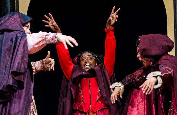 Bryony Twydle, Rosemarie Akwafo and Janet Etuk in Rough Magic at Sam Wanamaker Playhouse, London. Photo: Tristram Kenton