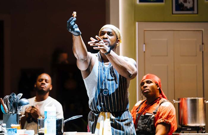 Simon-Anthony Rhoden, Kadiff Kirwan and Olisa Odele in The Hot Wing King at the National Theatre, London. Photo: Helen Murray