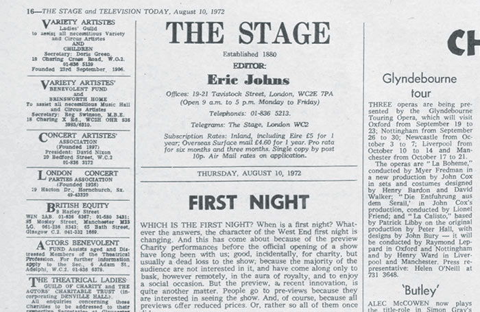 Clipping from The Stage edition of the August 10, 1972 