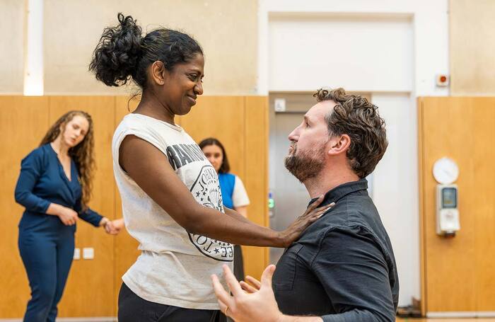 Nadia Nadarajah and John Hollingworth in rehearsal for Antony and Cleopatra at Shakespeare’s Globe, London. Photo: Ellie Kurttz