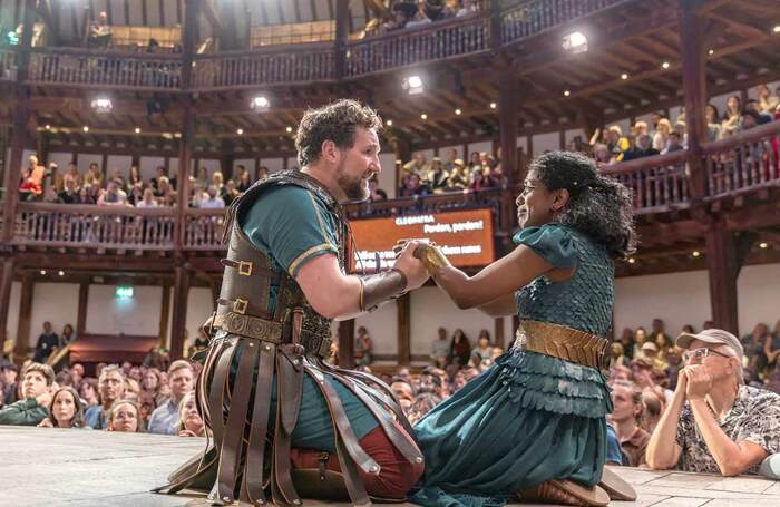 John Hollingworth and Nadia Nadarajah in Antony and Cleopatra at Shakespeare's Globe. Photo: Ellie Kurttz