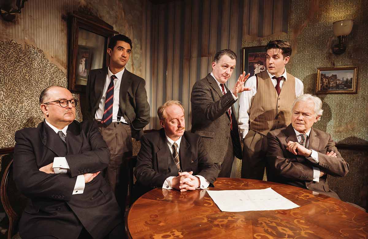 Julius D'Silva, Archie Backhouse, Forbes Masson, Alan Cox, Daniel Boyd and David Yelland in Farm Hall at Theatre Royal Haymarket, London. Photo: Alex Brenner