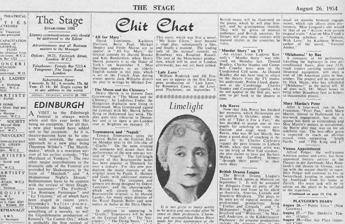 Clipping from The Stage edition of August 26, 1954