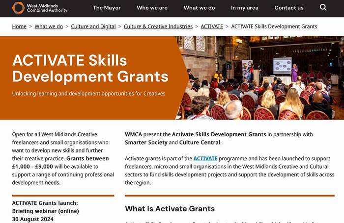 Homepage of the West Midlands Combined Authority's Activate Skills Development Grants website. Photo: wmca.org.uk