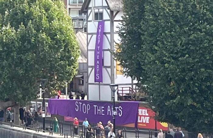 Stop the arts banners were flown from Shakespeare's Globe in London. Photo: Stop the arts X/Twitter account