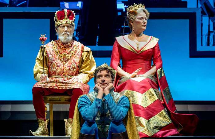 David Patrick Kelly, Michael Urie and Ana Gasteyer in Once Upon a Mattress at Hudson Theatre, New York, directed by Lear deBessonet. Photo: Joan Marcus