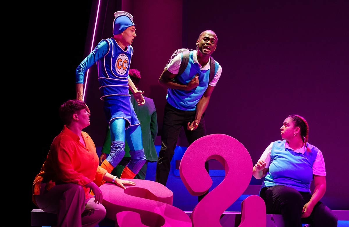 Eva Scott, Ciaran O'Breen, Hilson Agbangbe and Naia Elliott-Spence in Wonder Boy at the Bristol Old Vic, Bristol. Photo: Steve Tanner