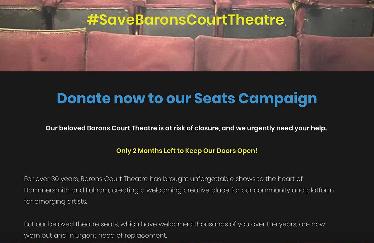 The Barons Court Theatre fundraiser website. Photo: Barons Court Theatre 