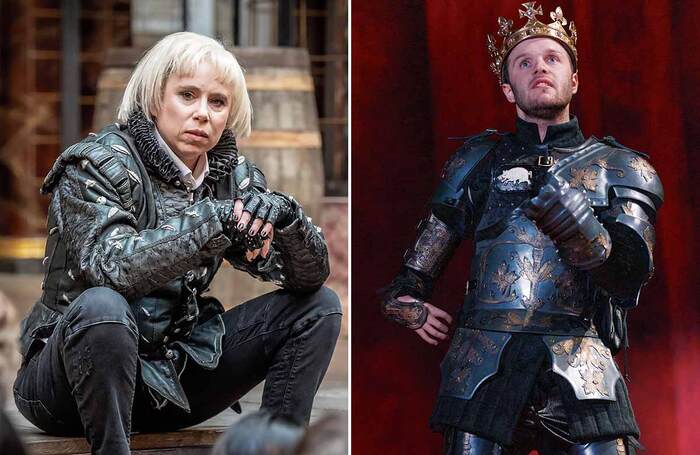 Michelle Terry in Richard III at Shakespeare’s Globe (2024); Arthur Hughes in Richard III at the Royal Shakespeare Theatre, Stratford-upon-Avon (2022). Photos: Marc Brenner; Ellie Kurttz