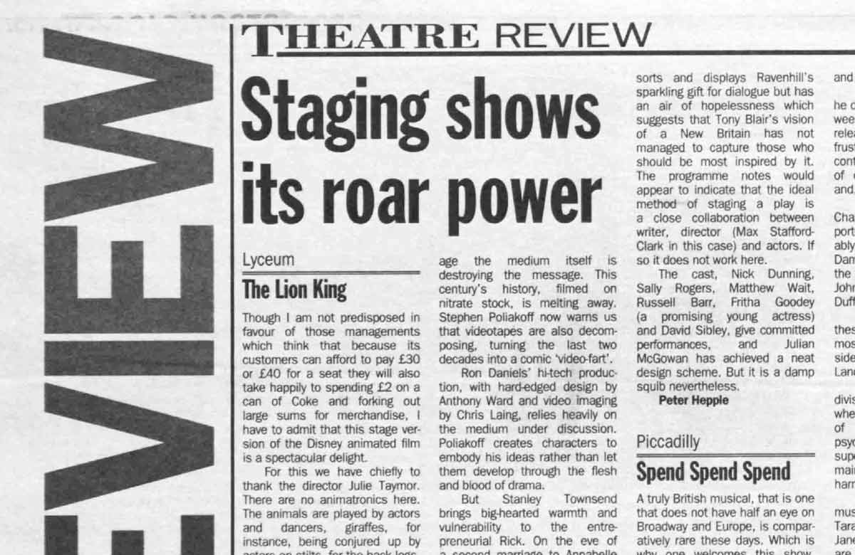 Lion King: roar of approval – 25 years ago in The Stage