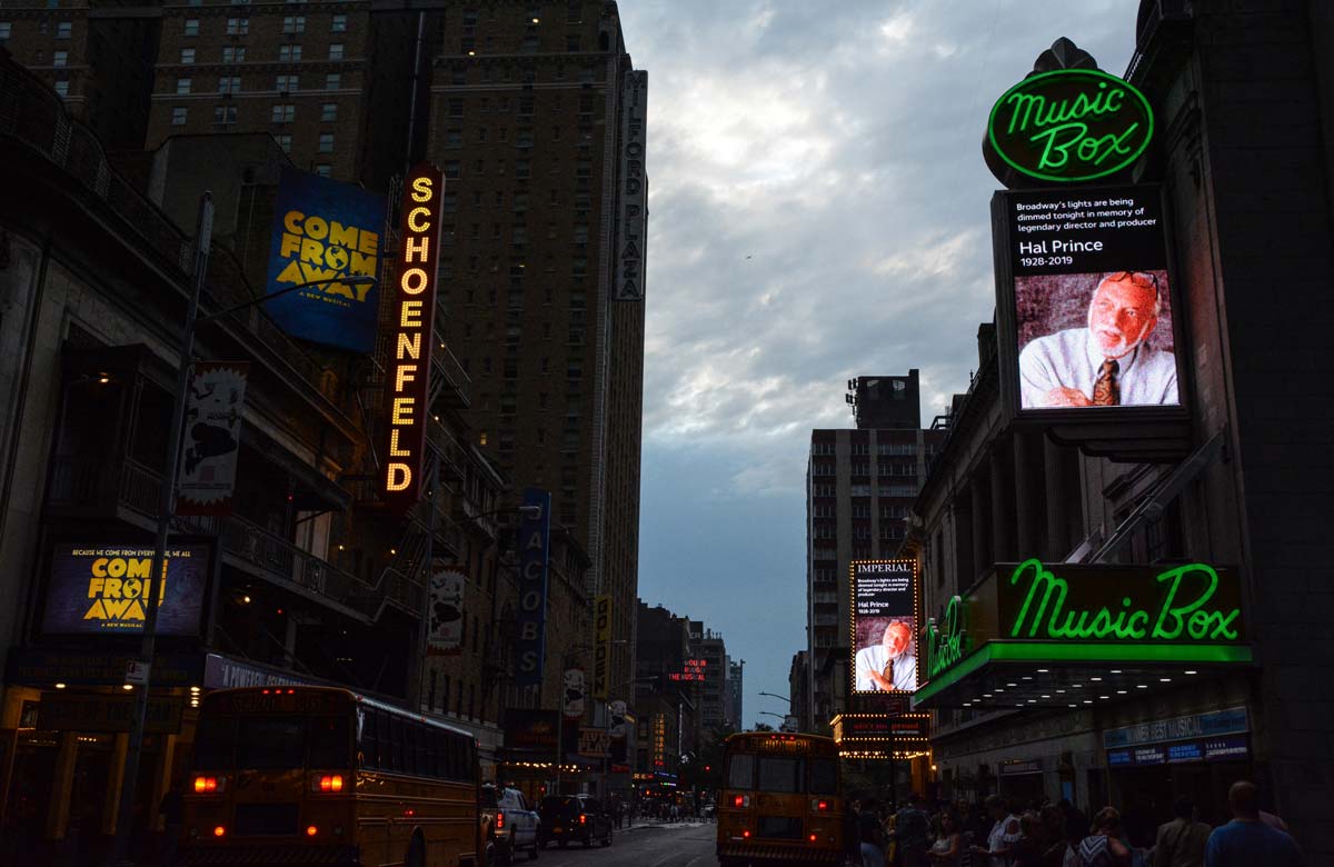 Broadway theatres dimming their lights in memory of director Hal Prince in 2019. Photo: Howard Sherman