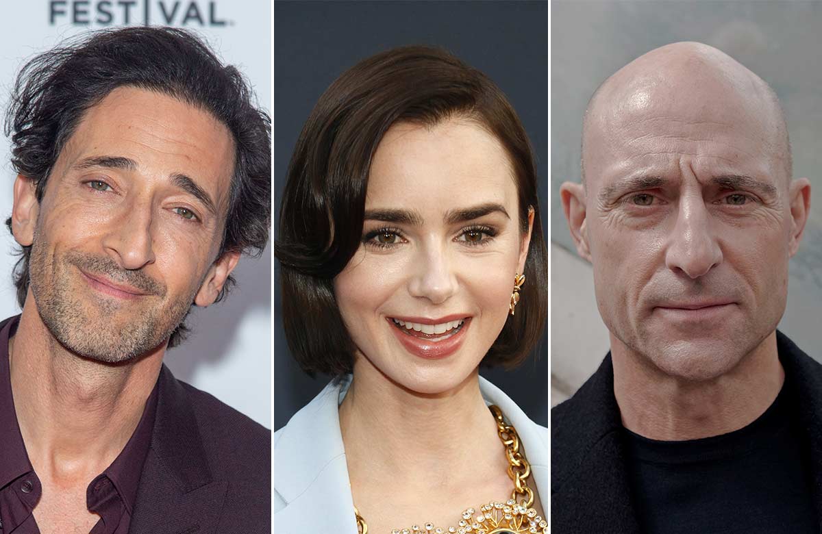 Adrien Brody, Lily Collins and Mark Strong. Photos: Shutterstock