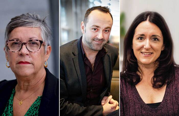 BECTU head Philippa Childs, Leicester Curve chief executive Chris Stafford and Society of London Theatre and UK Theatre co-chief executive Hannah Essex. Photo of Chris Stafford: Pamela Raith