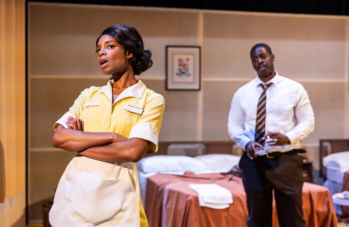 Justina Kehinde and Ray Strasser in The Mountaintop at Theatre Royal Stratford East, London. Photo: Ellie Kurttz