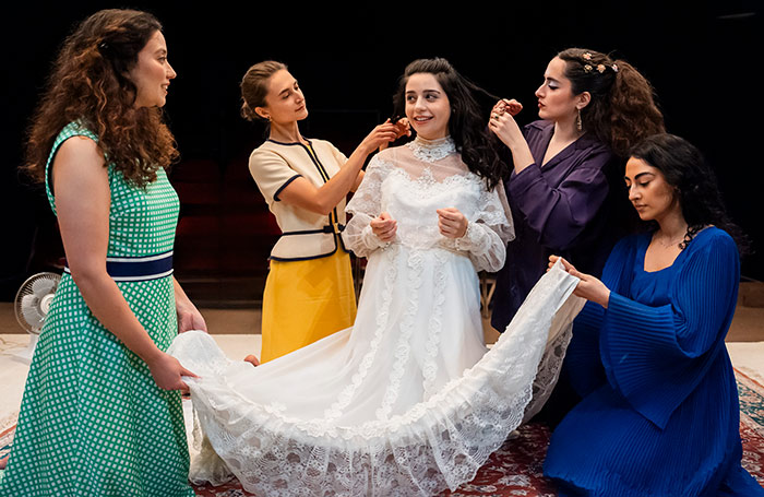 Maryam Grace, Isabella Nefar, Emily Renée, Juliette Motamed and Afsaneh Dehrouyeh in Wish You Were Here at the Gate Theatre, London. Photo: Tristram Kenton 10-24