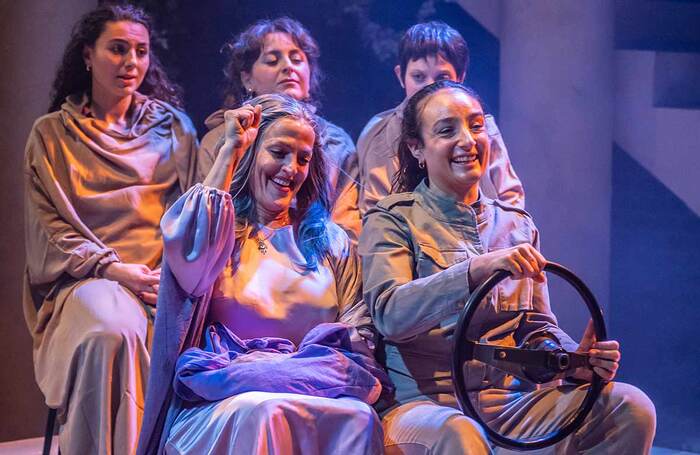 The cast of Women Who Blow on Knots at Arcola Theatre, London. Photo: Kate Hockenhull