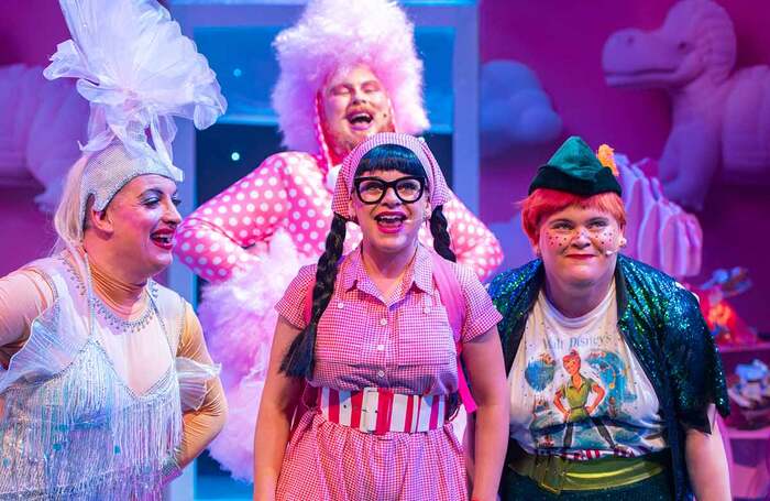 Johnny McKnight, Marc Mackinnon, Emma Mullen and Star Penders in Peter Panto and the Incredible Stinkerbell at Tron Theatre, Glasgow. Photo: Tommy Ga-Ken Wan