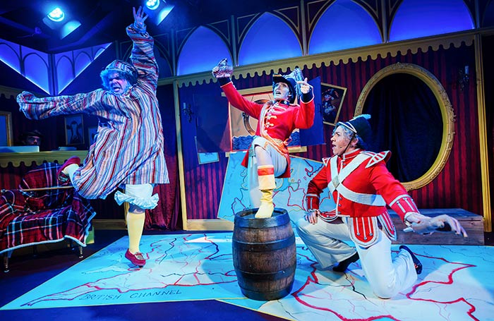 Elliot Broadfoot, Jennie Jacobs and Amy J Payne in Napoleon: Un Petit Pantomime at Jermyn Street Theatre, London. Photo: Alex Brenner