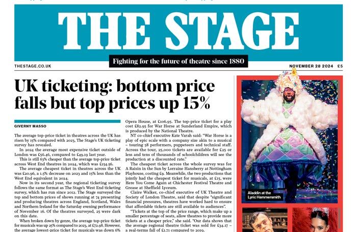 Front page of The Stage newspaper for this week's ticketing issue. Photo: The Stage