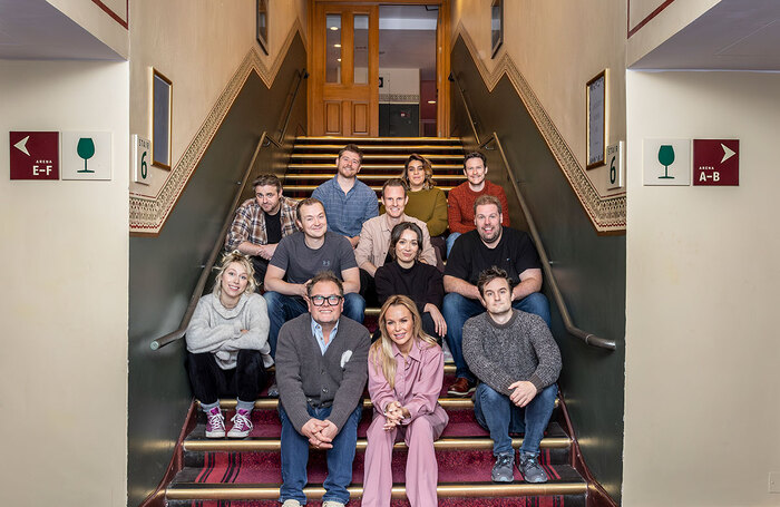 Mischief company cast members, who will perform an excerpt from The Comedy About Spies at the Royal Variety Performance, with the events' hosts Amanda Holden and Alan Carr. Photo: Ellie Kurttz