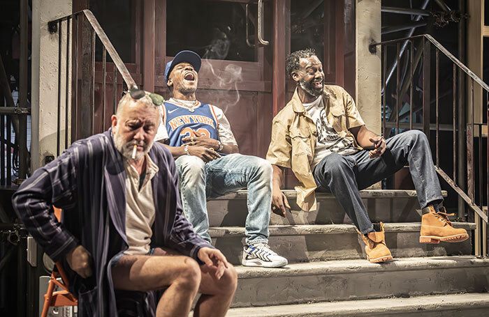 Jasper Britton, Richard Pepple and Sule Rimi in The Purists at Kiln Theatre, London. Photo: Marc Brenner