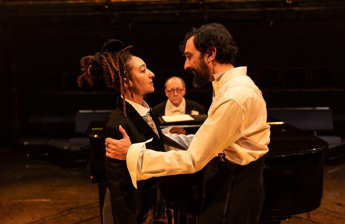 Patricia Allison, Stefan Bednarczyk and Tom Kanji in Twelfth Night at the Orange Tree Theatre, London. Photo: Ellie Kurttz